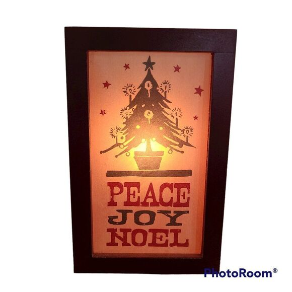 Vintage Christmas Primitive Folk Art Paper Light Lamp Box Holiday Peace Joy Noel - Picture 1 of 11